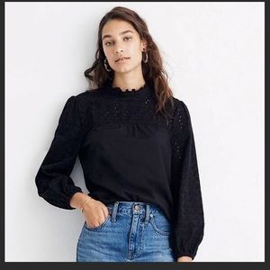 Madewell Pieced Eyelet Mockneck Ruffle Blouse